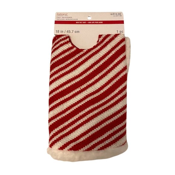Ashland Tiny Treasures 18” Mini Xmas Tree Skirt Knit Red White Diagonal Stripes - Picture 1 of 5